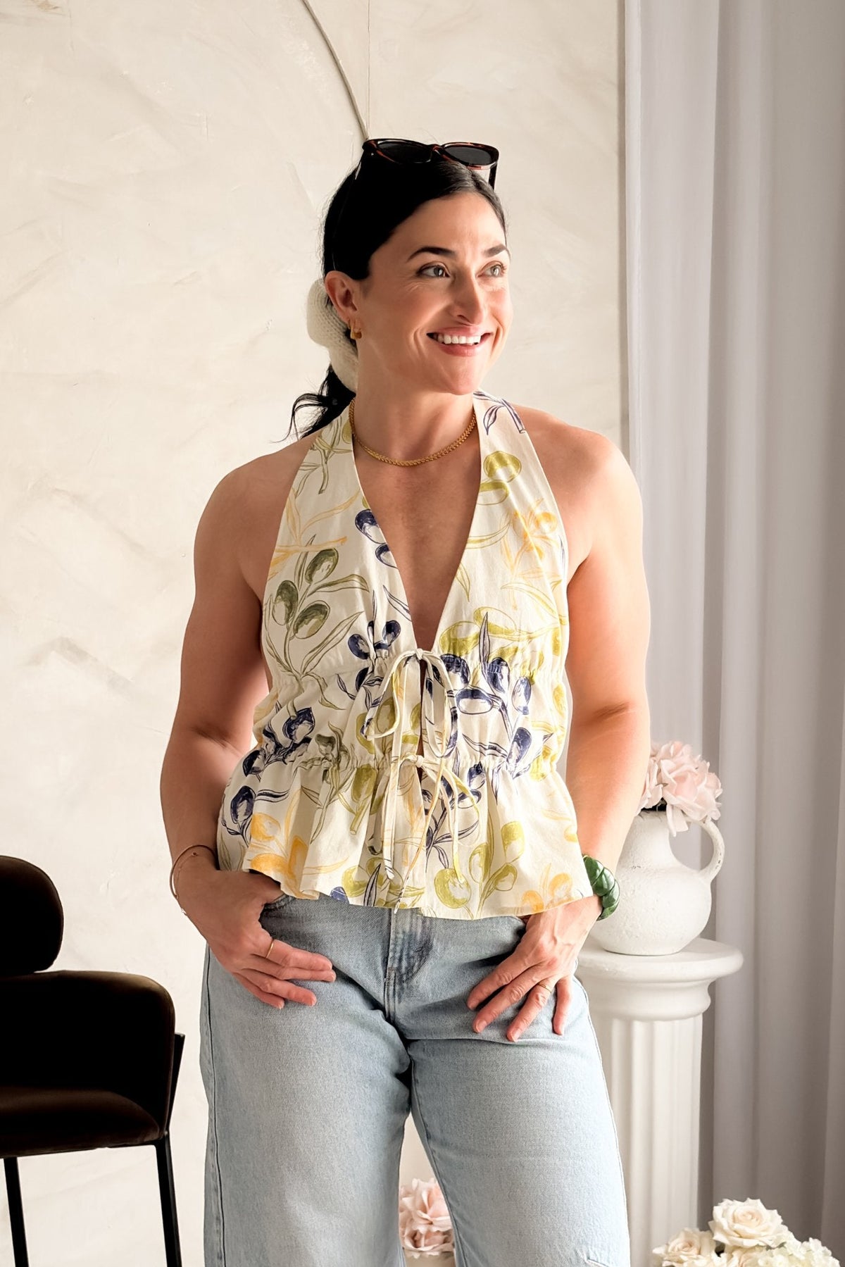 Olive Grove Botanical Print Two Piece Shorts Set – Tie Front Peplum Top - Women's Outfit Sets - Blooming Daily