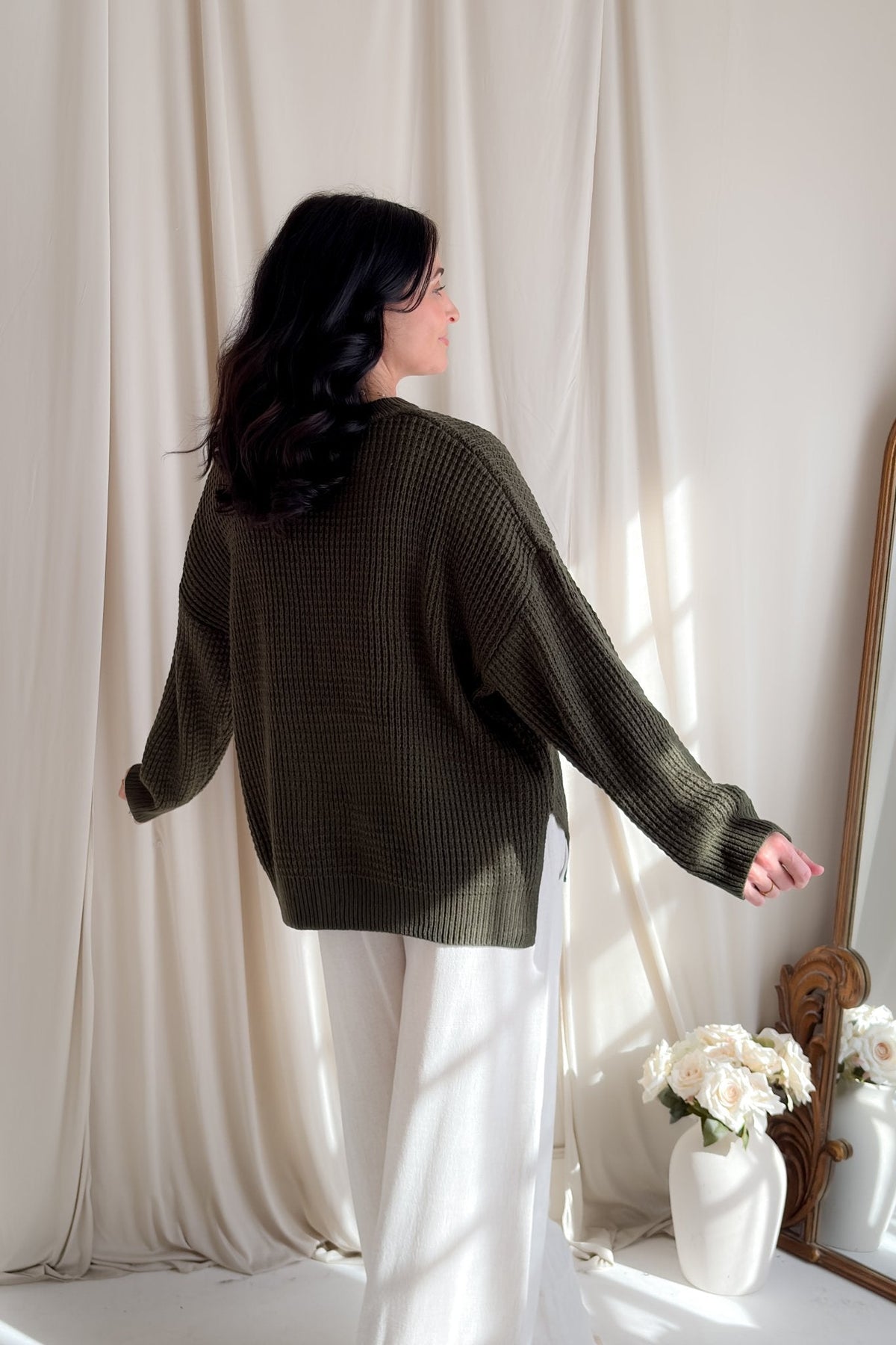Olive Waffle Knit Relaxed Fit Sweater for Women - Women's Sweaters - Blooming Daily