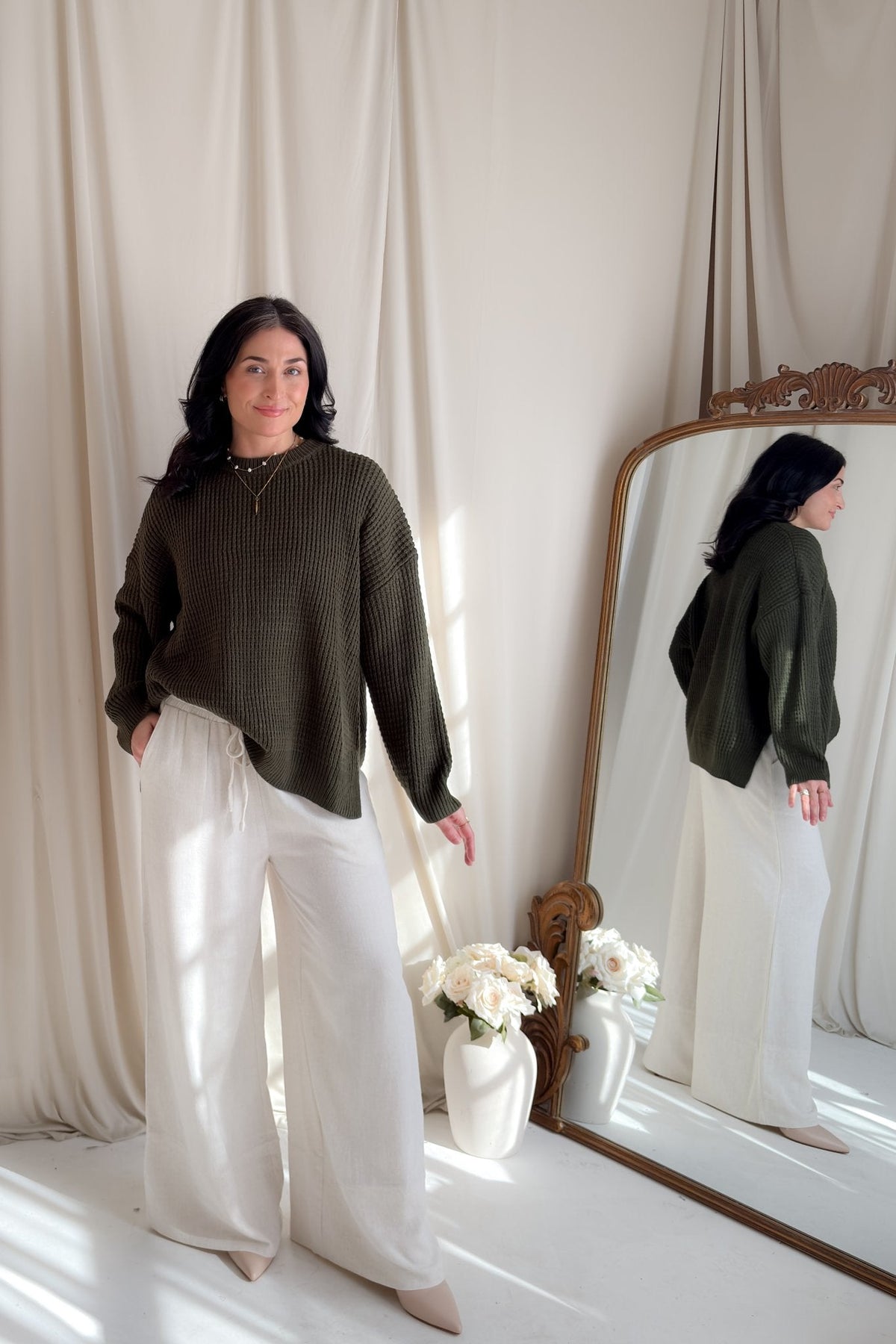 Olive Waffle Knit Relaxed Fit Sweater for Women - Women's Sweaters - Blooming Daily