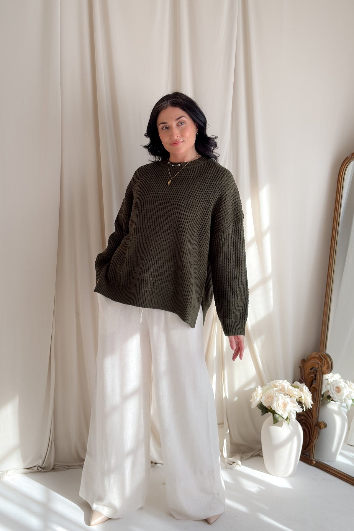 Olive Waffle Knit Relaxed Fit Sweater for Women - Women's Sweaters - Blooming Daily