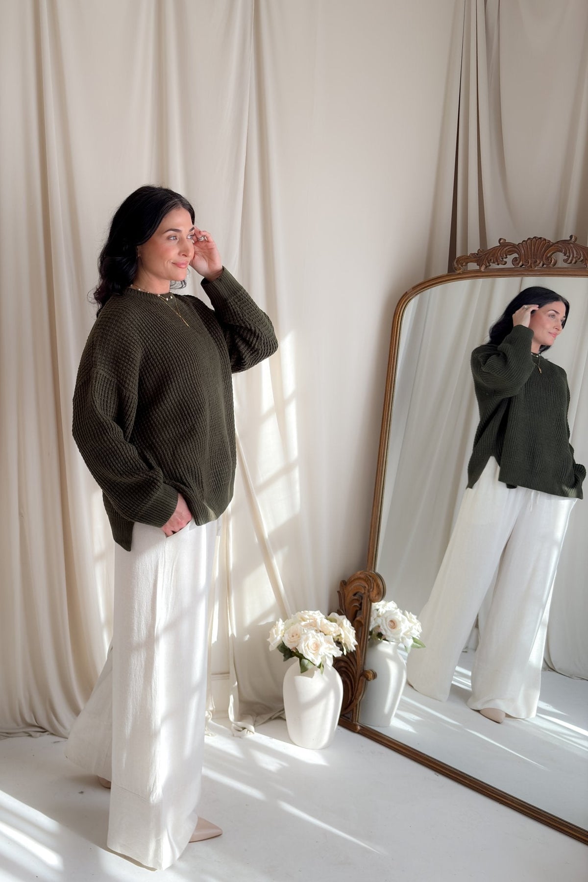 Olive Waffle Knit Relaxed Fit Sweater for Women - Women's Sweaters - Blooming Daily