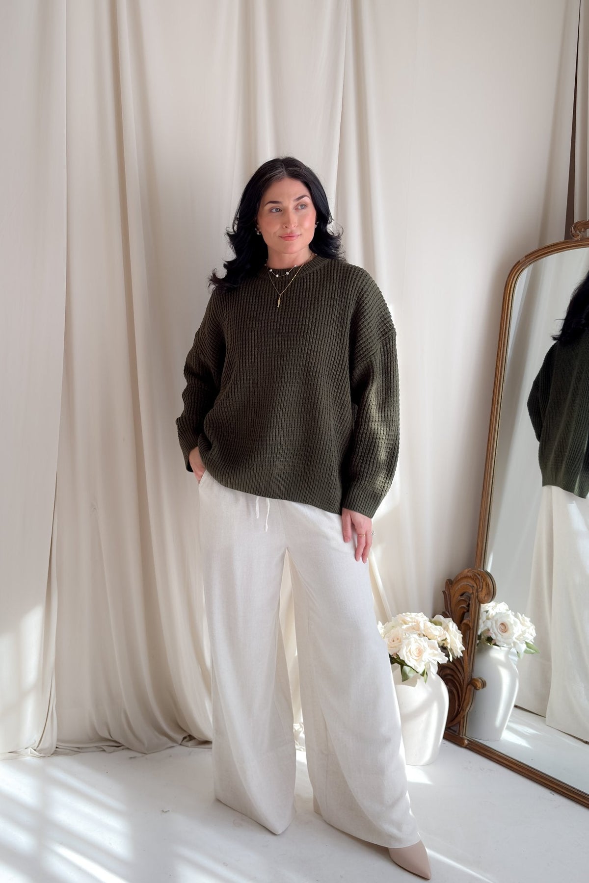 Olive Waffle Knit Relaxed Fit Sweater for Women - Women's Sweaters - Blooming Daily