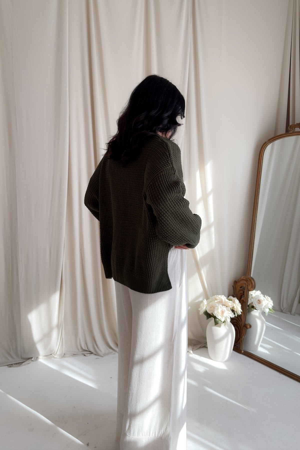 Olive Waffle Knit Relaxed Fit Sweater for Women - Women's Sweaters - Blooming Daily