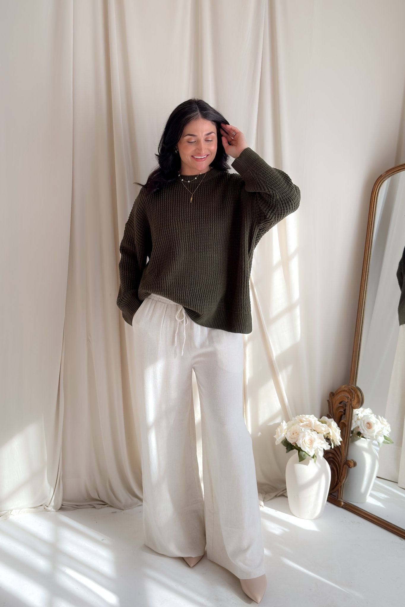Olive Waffle Knit Relaxed Fit Sweater for Women - Women's Sweaters - Blooming Daily
