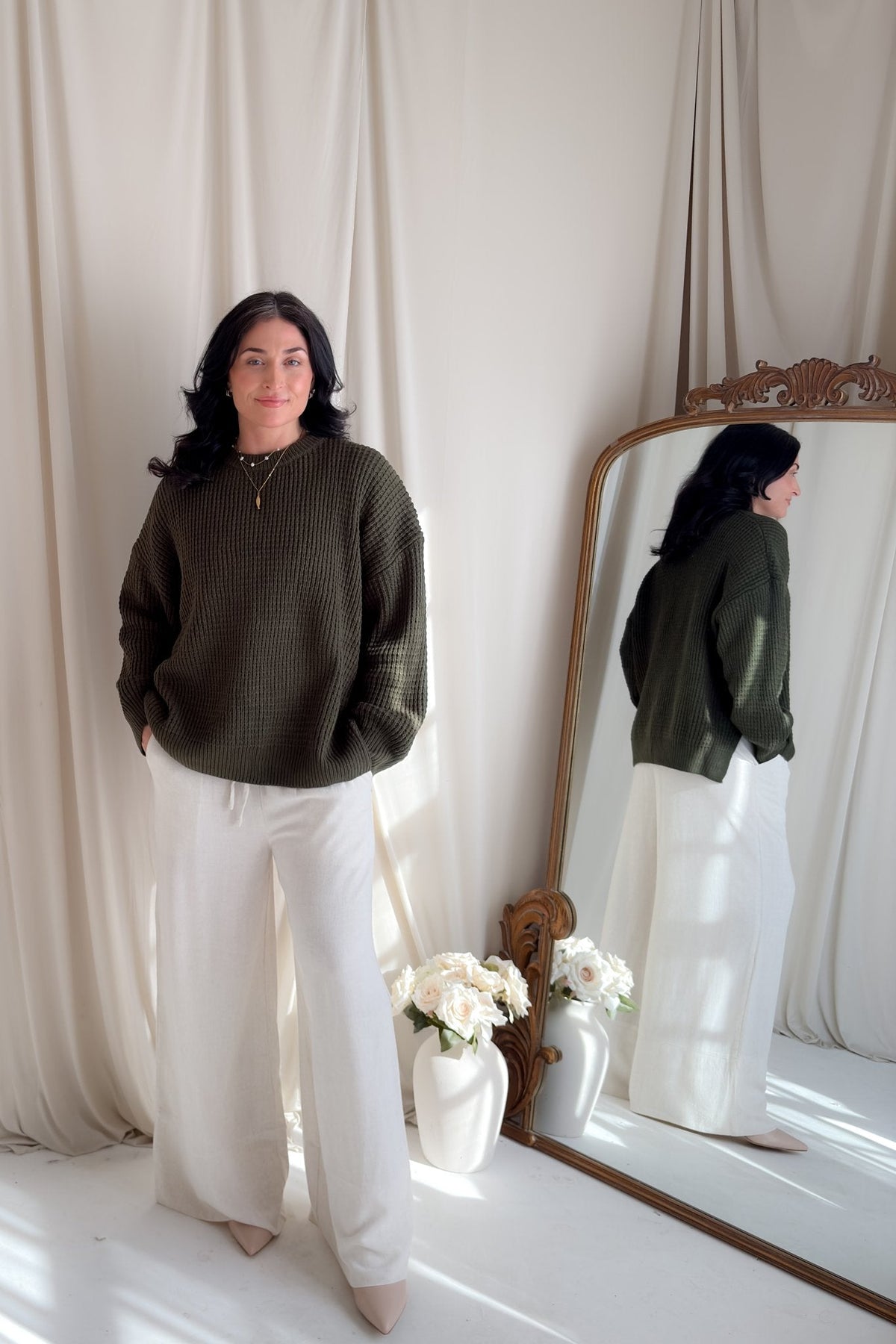 Olive Waffle Knit Relaxed Fit Sweater for Women - Women's Sweaters - Blooming Daily