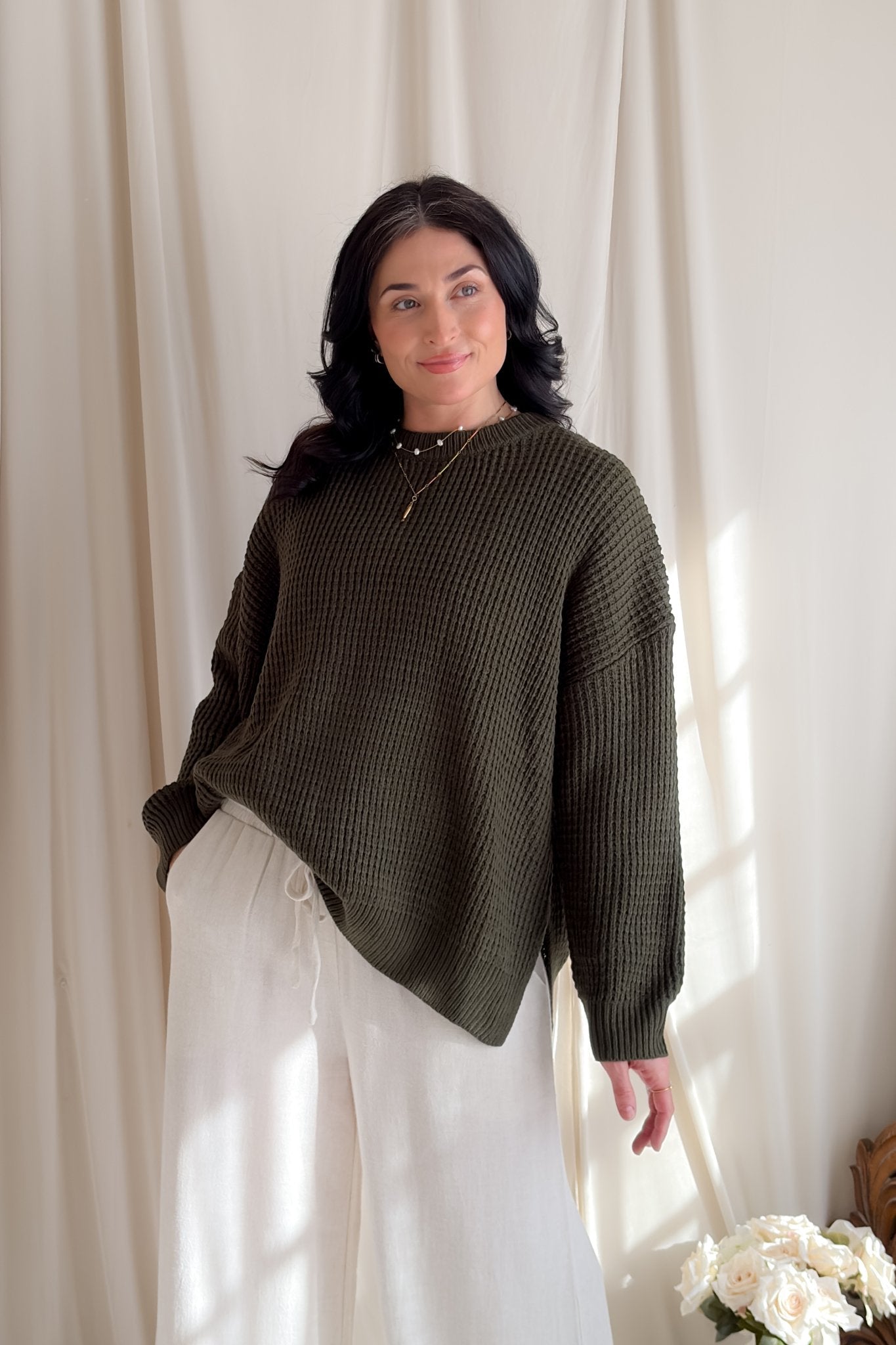 Olive Waffle Knit Relaxed Fit Sweater for Women - Women's Sweaters - Blooming Daily
