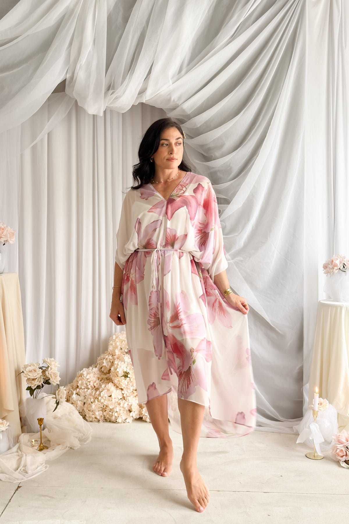 Orchid Sheer Floral Kaftan Dress – Pink Multi - Women's Dresses - Blooming Daily