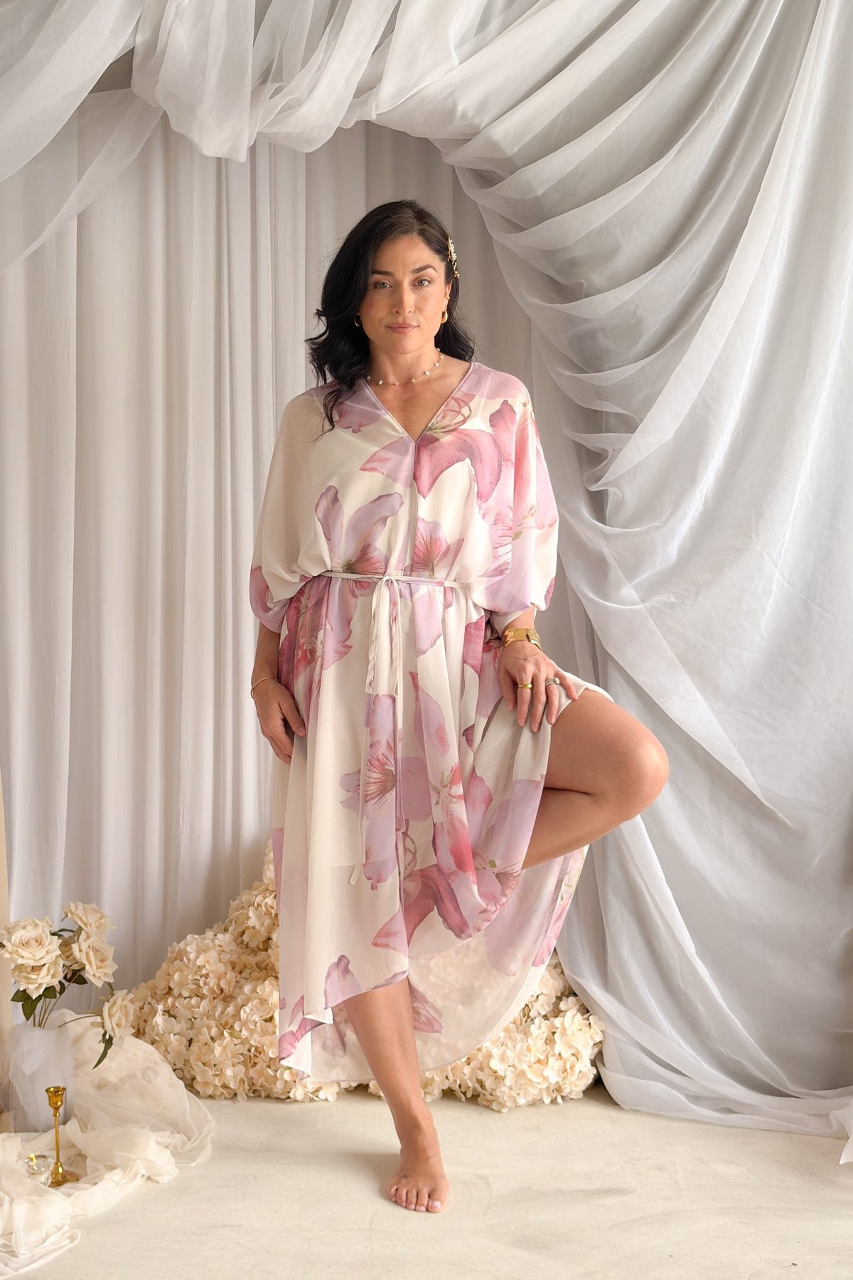 Orchid Sheer Floral Kaftan Dress – Pink Multi - Women's Dresses - Blooming Daily