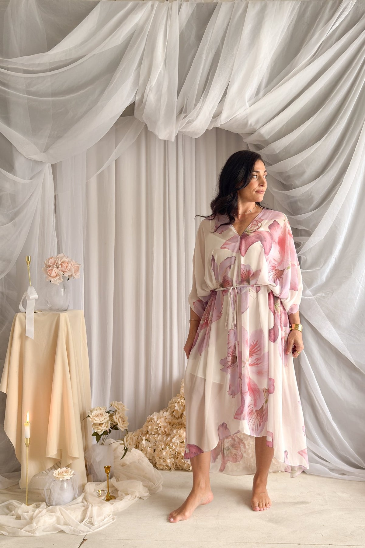 Orchid Sheer Floral Kaftan Dress – Pink Multi - Women's Dresses - Blooming Daily