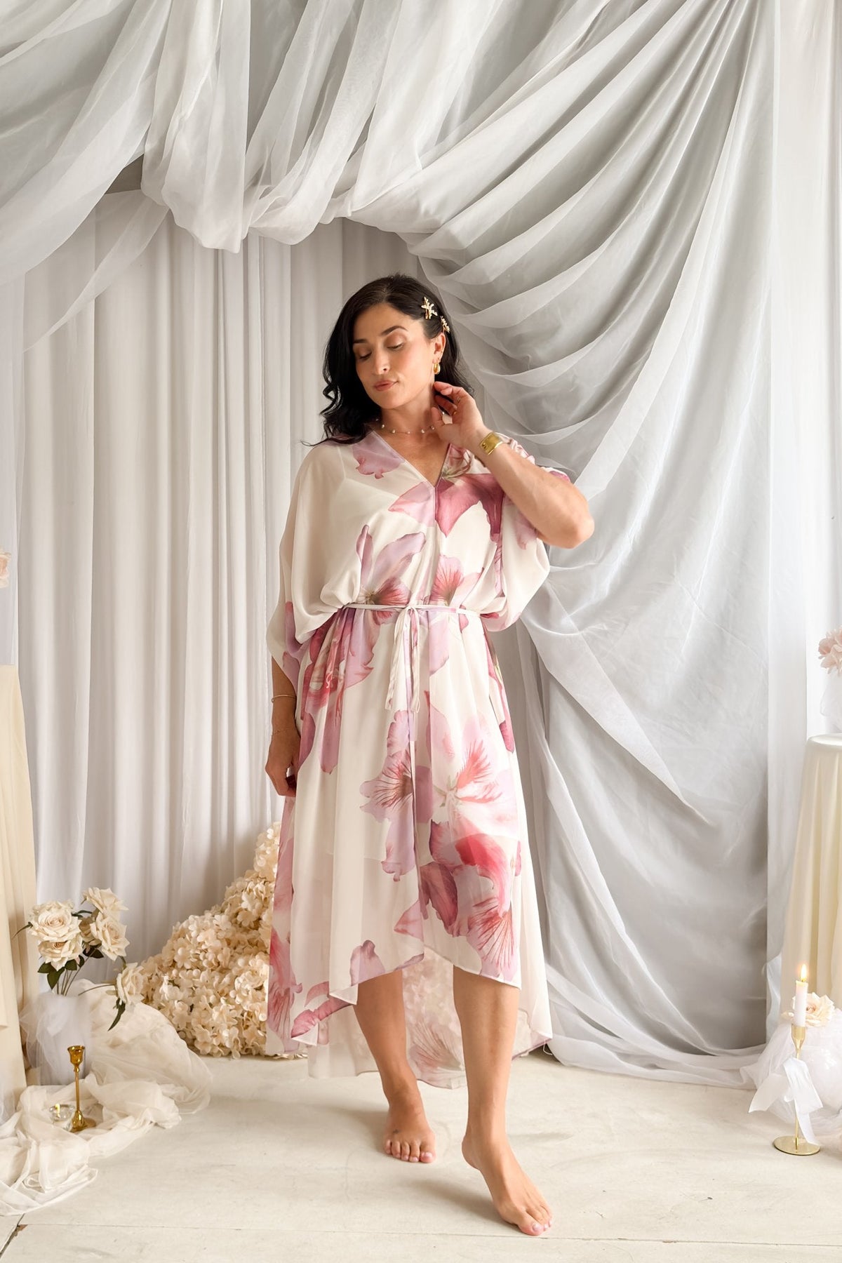 Orchid Sheer Floral Kaftan Dress – Pink Multi - Women's Dresses - Blooming Daily