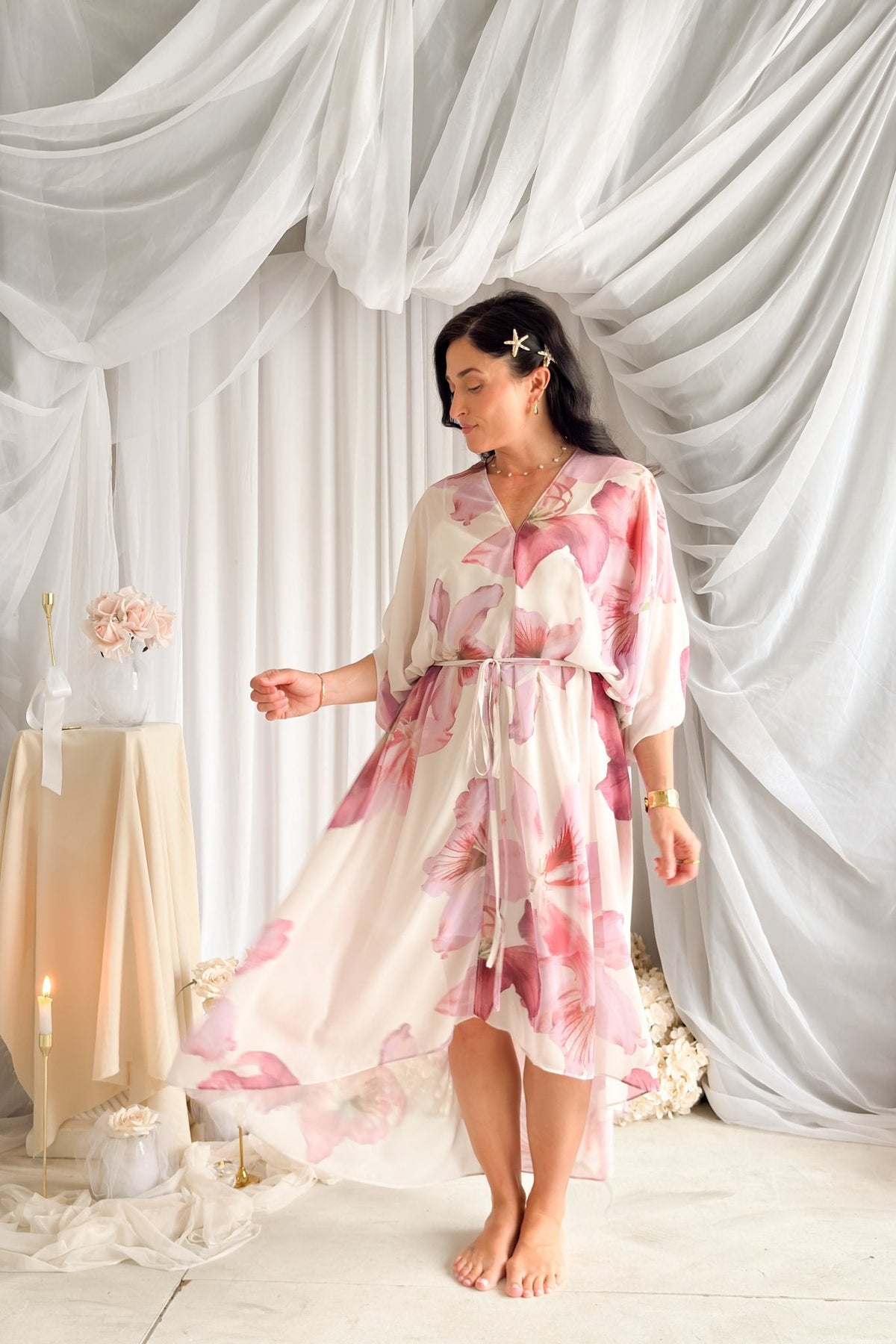 Orchid Sheer Floral Kaftan Dress – Pink Multi - Women's Dresses - Blooming Daily