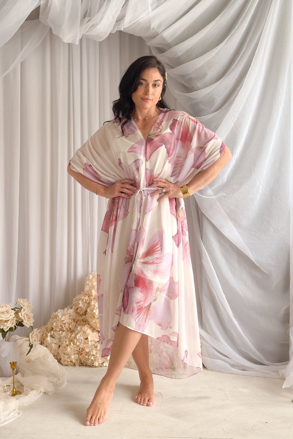 Orchid Sheer Floral Kaftan Dress – Pink Multi - Women's Dresses - Blooming Daily