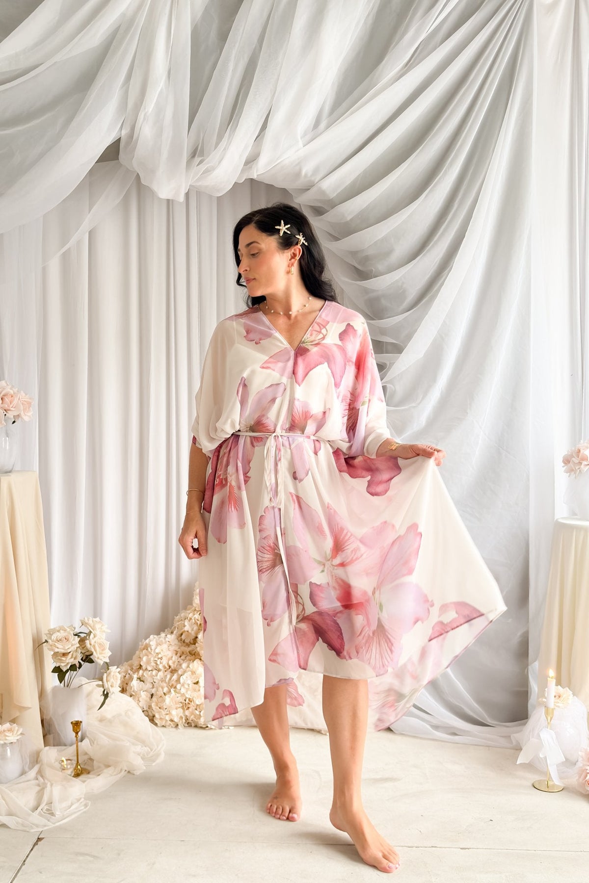 Orchid Sheer Floral Kaftan Dress – Pink Multi - Women's Dresses - Blooming Daily
