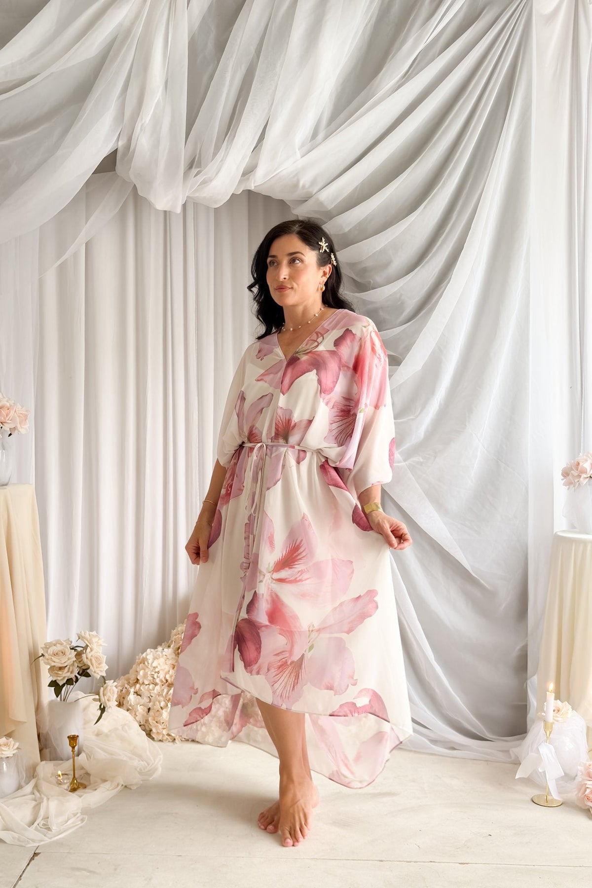 Orchid Sheer Floral Kaftan Dress – Pink Multi - Women's Dresses - Blooming Daily