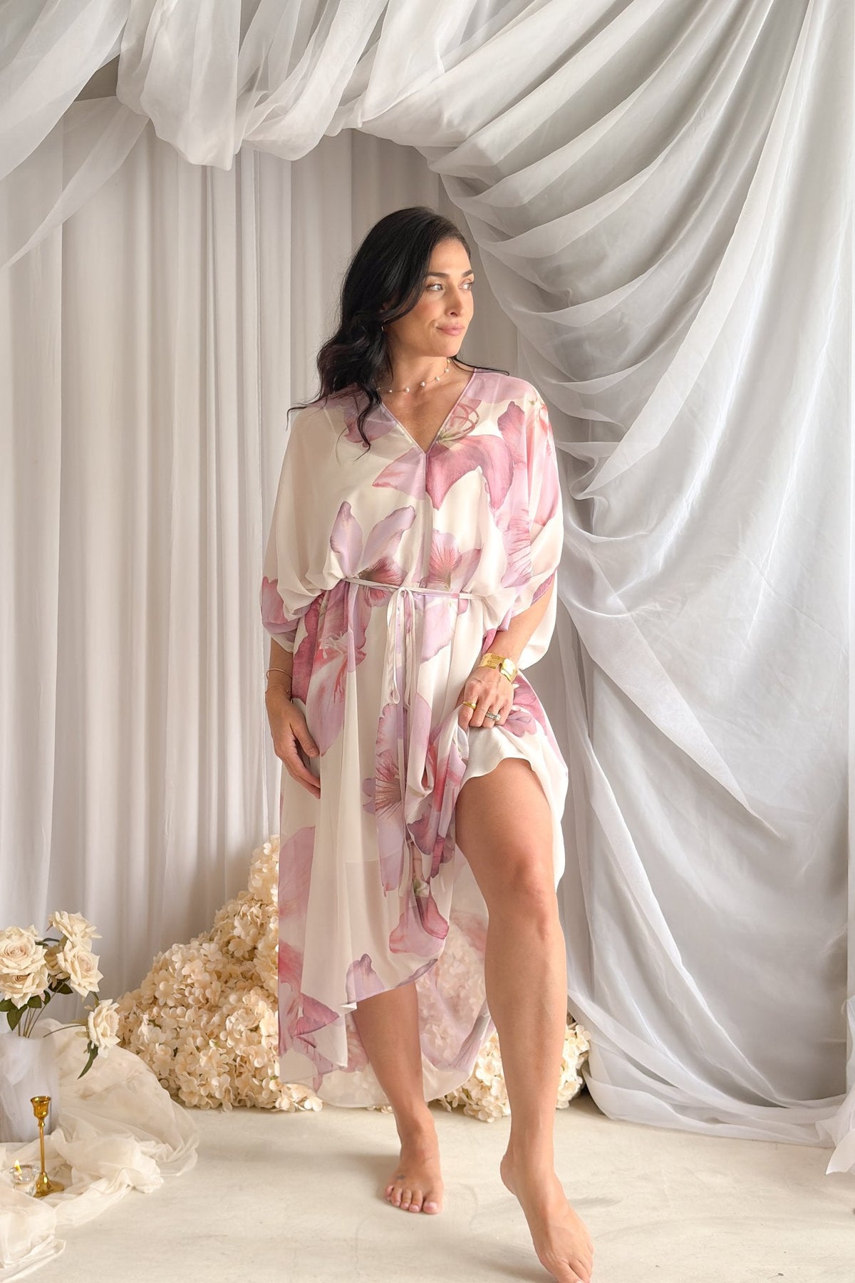 Orchid Sheer Floral Kaftan Dress – Pink Multi - Women's Dresses - Blooming Daily