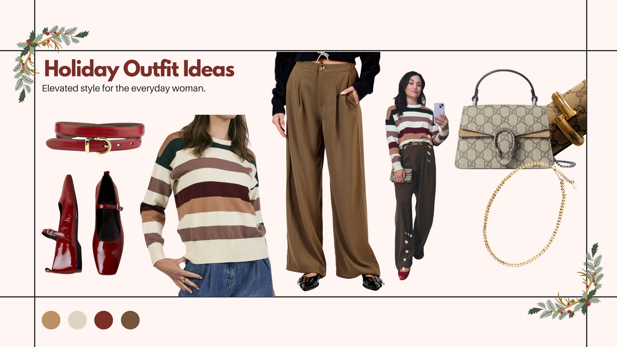 Alt text: A styled holiday outfit inspiration collage showcasing an elevated look for the everyday woman. The collage includes a striped sweater in earthy tones, high-waisted brown pleated trousers, a red patent leather belt, matching red Mary Jane shoes, a designer-inspired beige handbag with a gold chain detail, and gold jewelry. The layout features festive greenery and warm neutral tones with a caption reading "Holiday Outfit Ideas: Elevated style for the everyday woman."