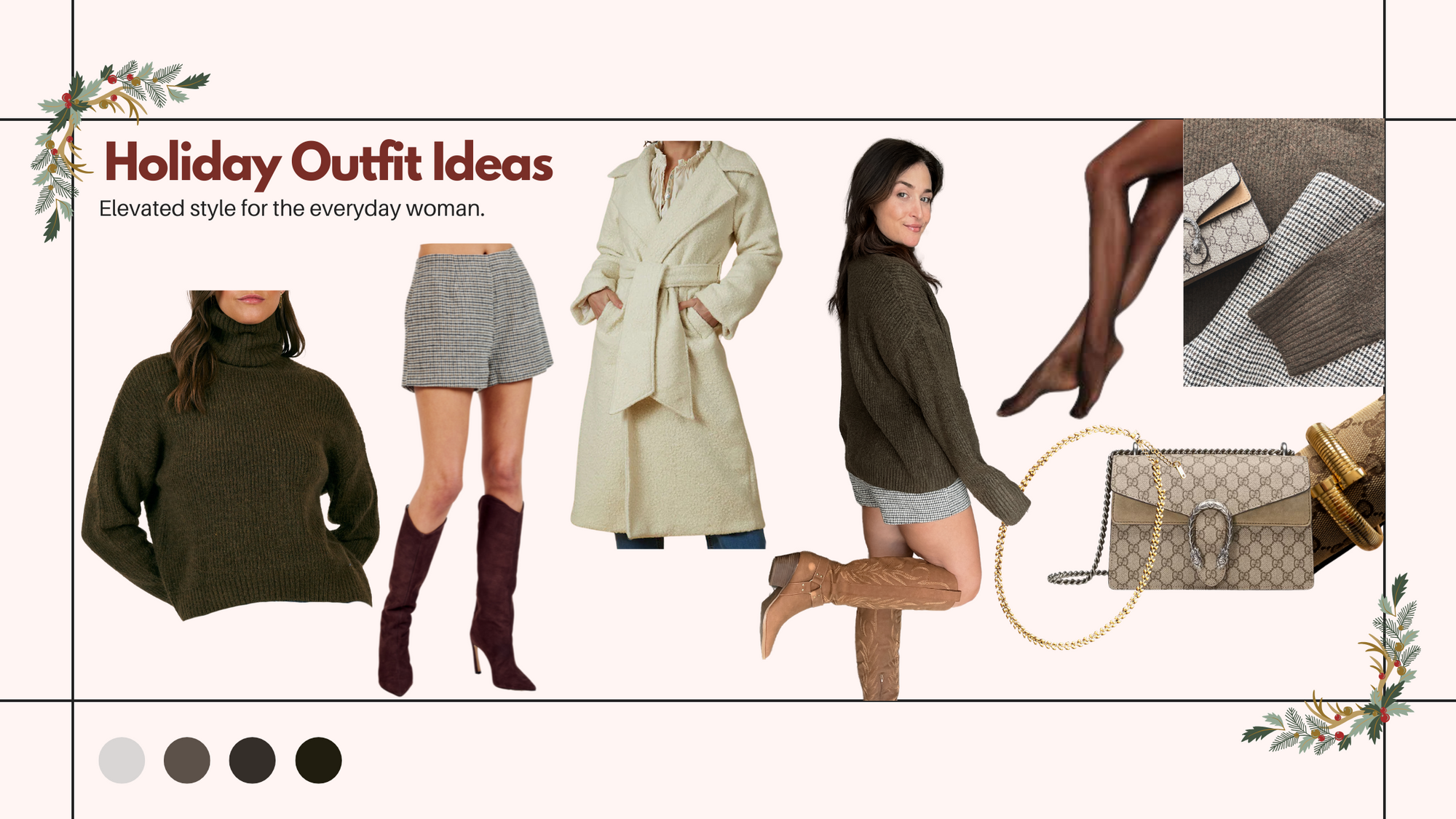 Alt text: A holiday outfit inspiration collage featuring a cozy olive-green turtleneck sweater paired with checkered high-waisted shorts and styled with both over-the-knee suede boots and heeled burgundy boots. Accessories include a designer-inspired beige handbag with chain details, gold jewelry, and brown tights. The layout showcases close-up textures of the sweater and shorts, along with a color palette of neutrals and deep greens. The text reads "Holiday Outfit Ideas: Elevated style for the everyday wom