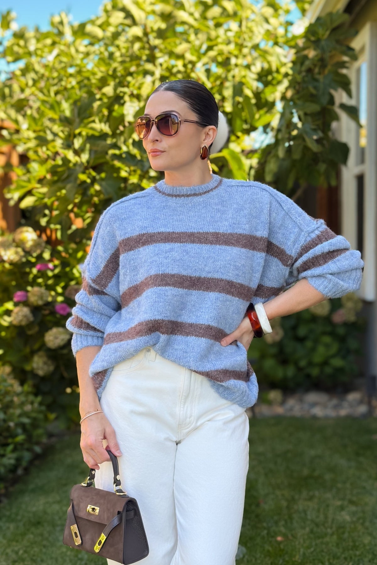 Oversized Blue Striped Knit Sweater - Women's Sweaters - Blooming Daily