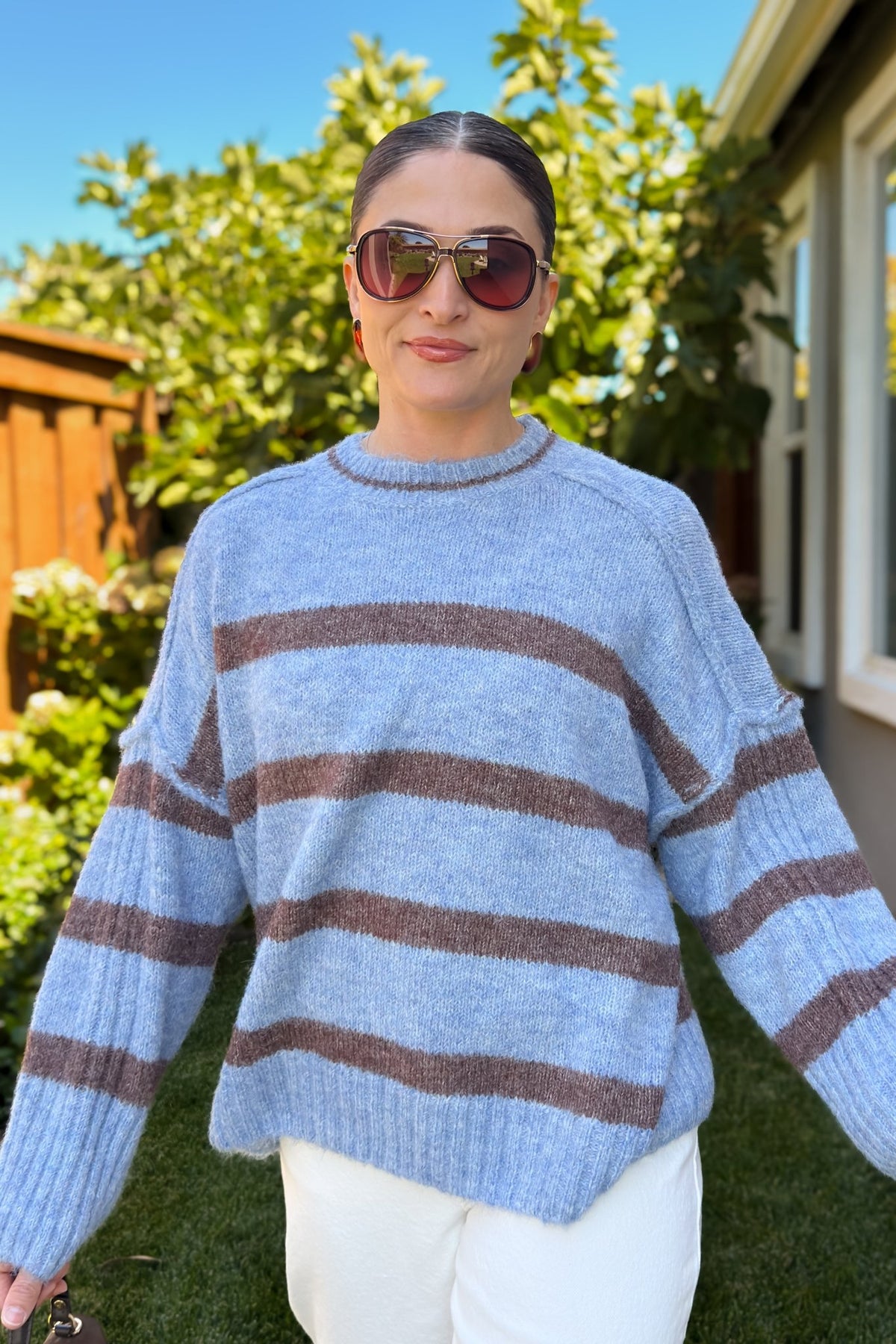 Oversized Blue Striped Knit Sweater - Women's Sweaters - Blooming Daily