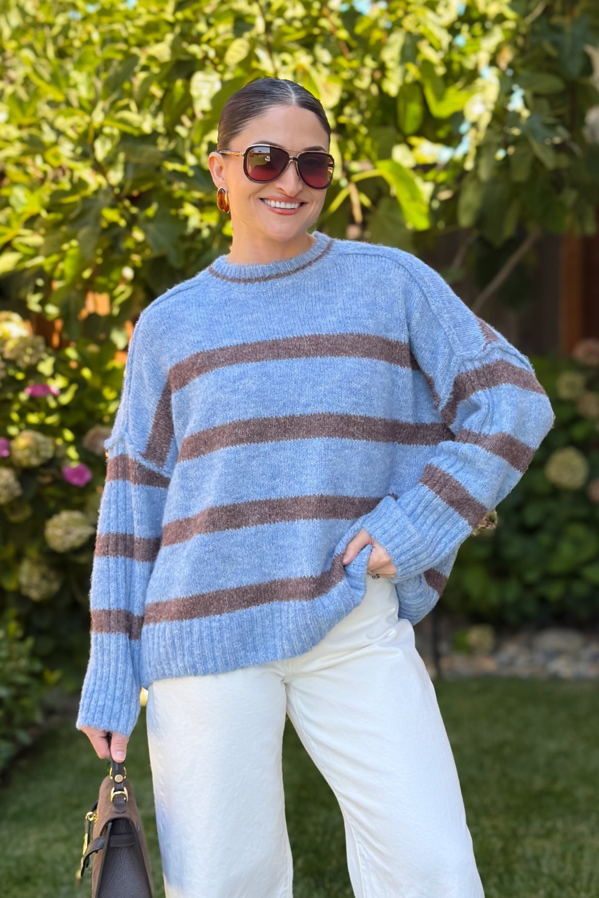 Oversized Blue Striped Knit Sweater - Women's Sweaters - Blooming Daily
