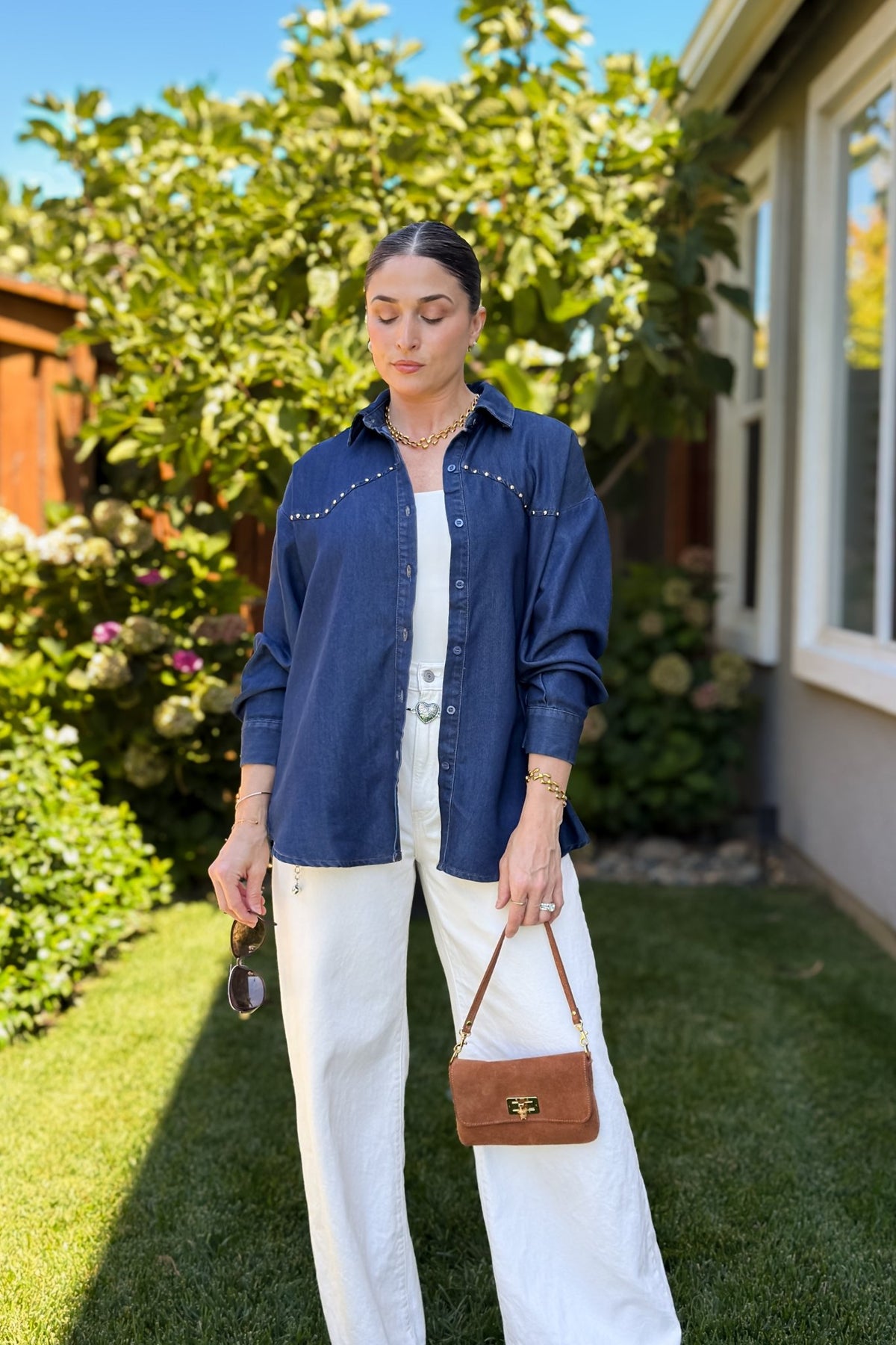 Oversized Studded Dark Denim Shirt - Women's Shirts & Tops - Blooming Daily