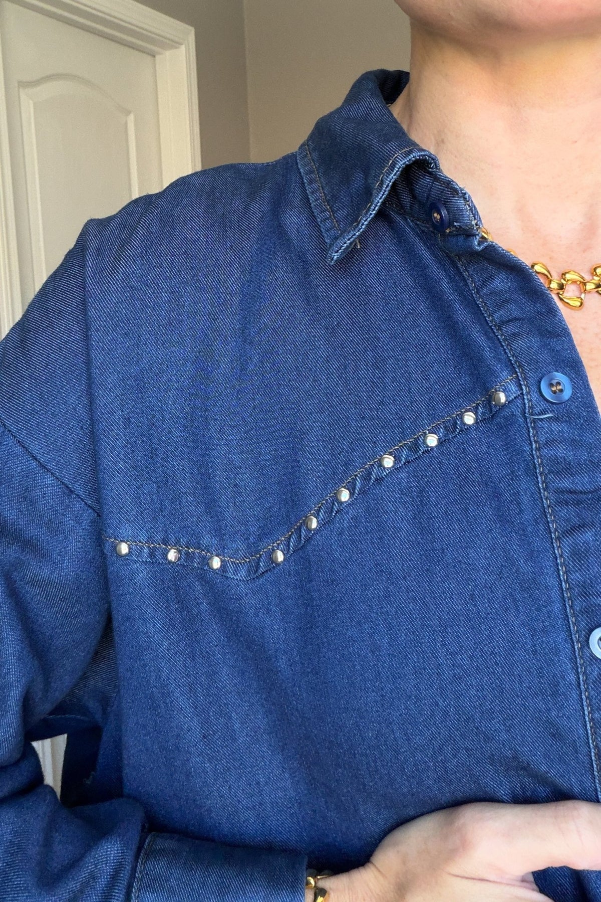 Oversized Studded Dark Denim Shirt - Women's Shirts & Tops - Blooming Daily