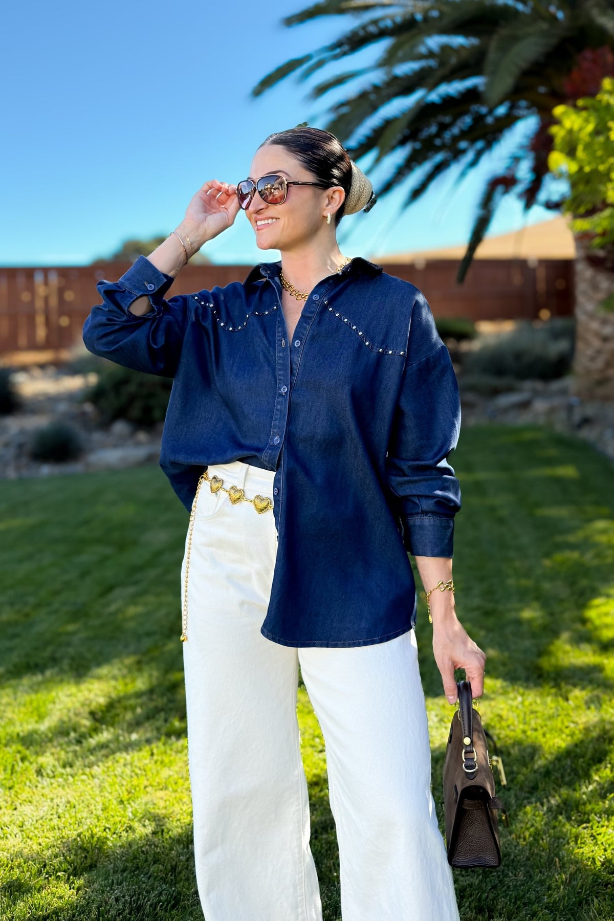 Oversized Studded Dark Denim Shirt - Women's Shirts & Tops - Blooming Daily