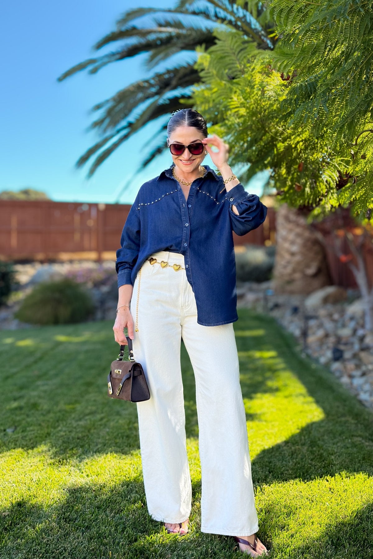 Oversized Studded Dark Denim Shirt - Women's Shirts & Tops - Blooming Daily
