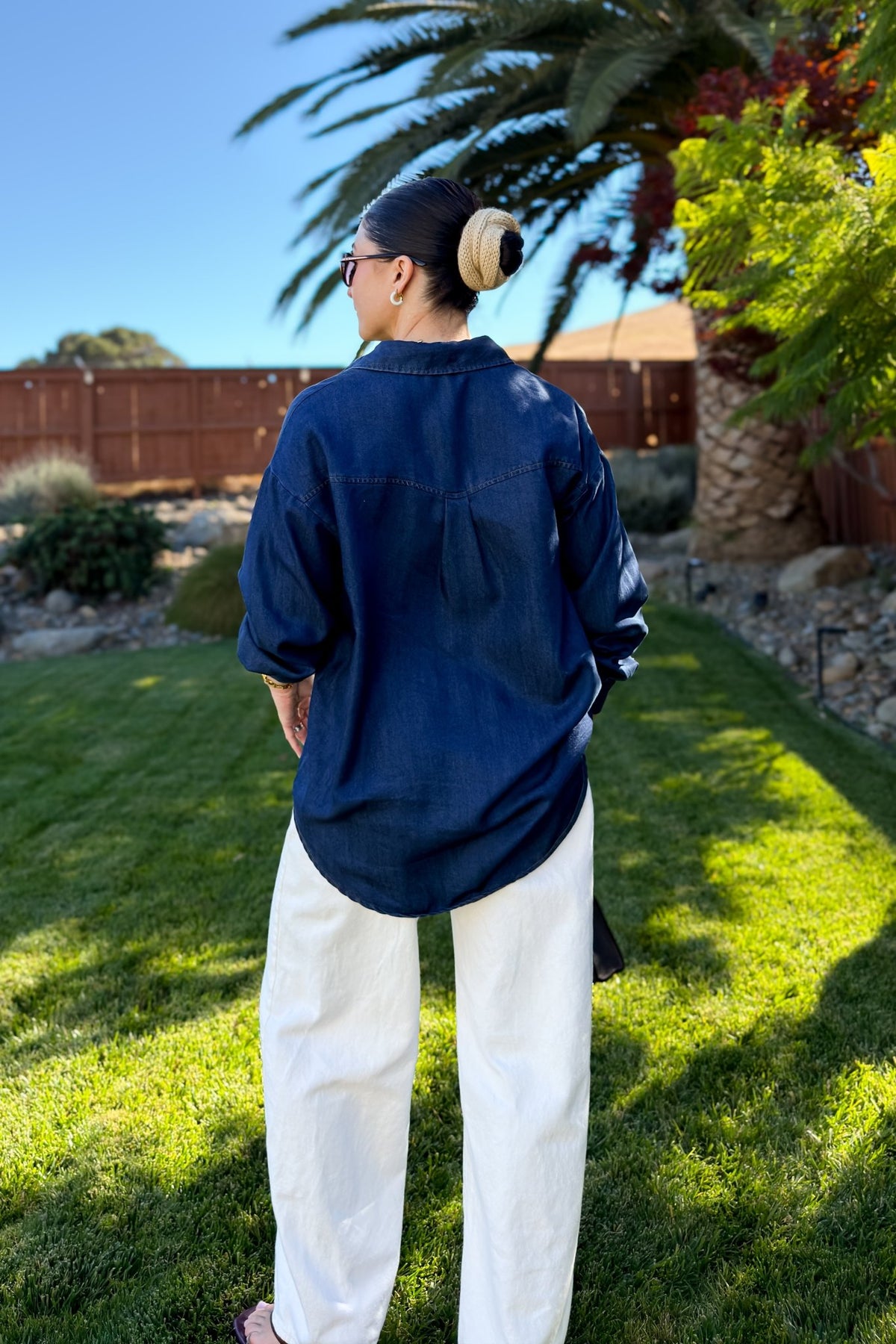 Oversized Studded Dark Denim Shirt - Women's Shirts & Tops - Blooming Daily