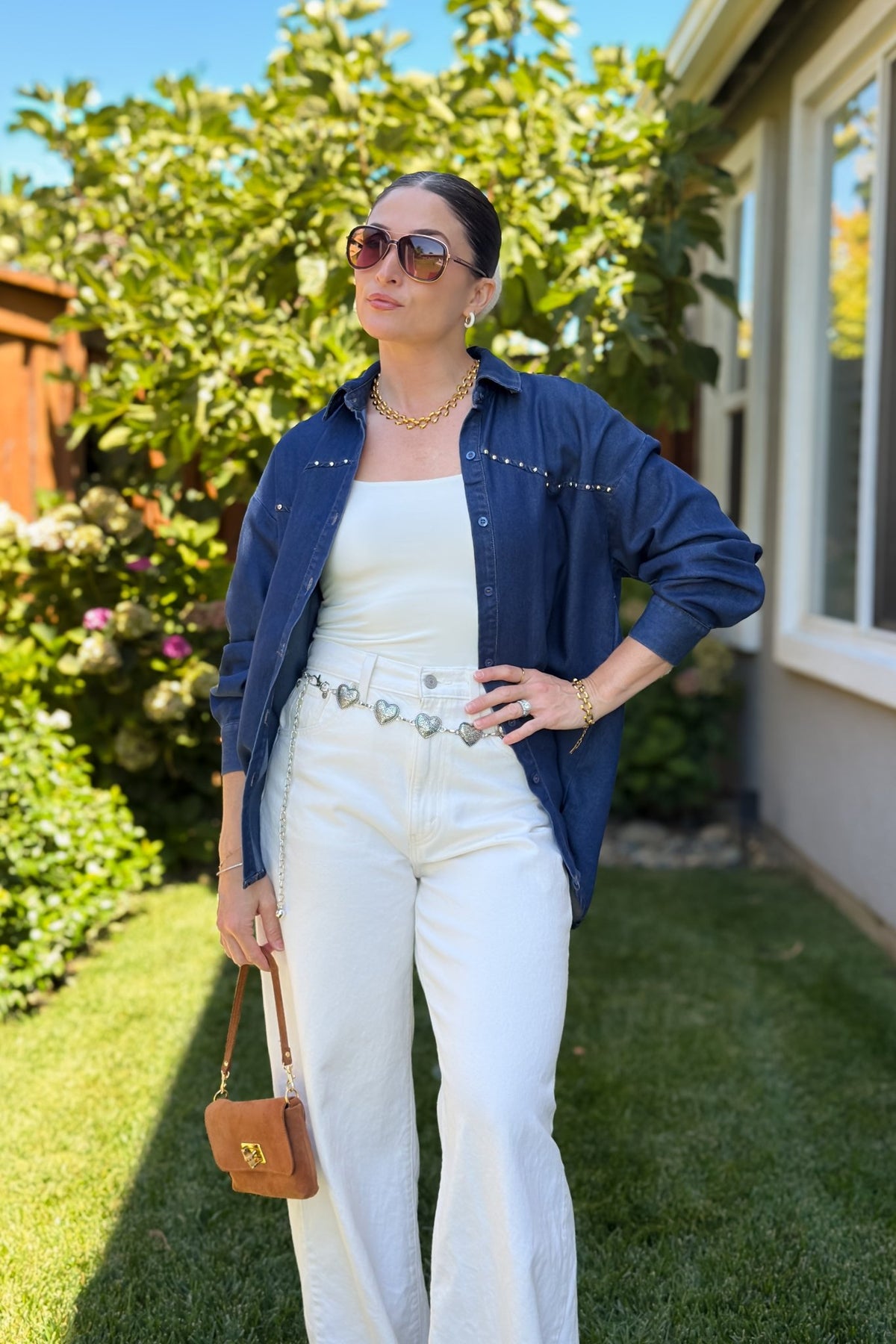 Oversized Studded Dark Denim Shirt - Women's Shirts & Tops - Blooming Daily