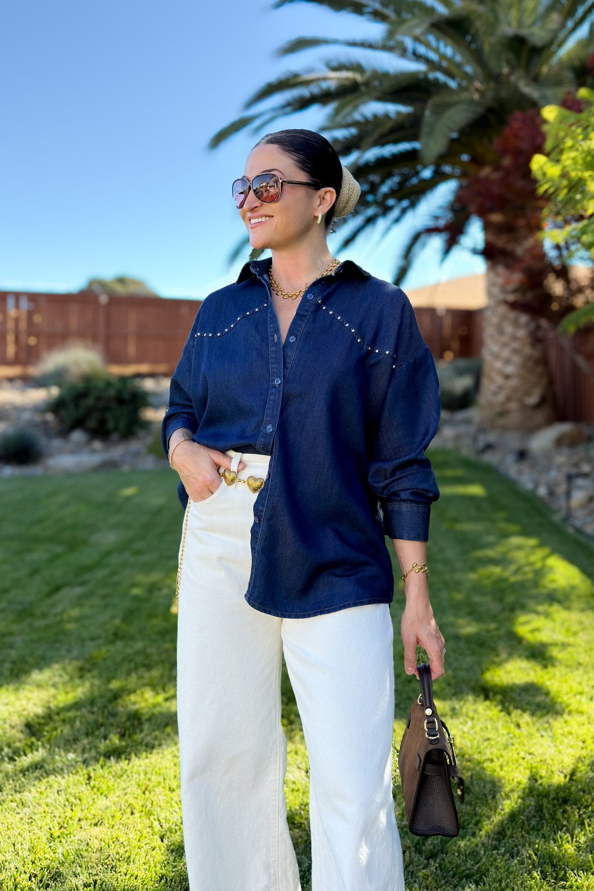 Oversized Studded Dark Denim Shirt - Women's Shirts & Tops - Blooming Daily