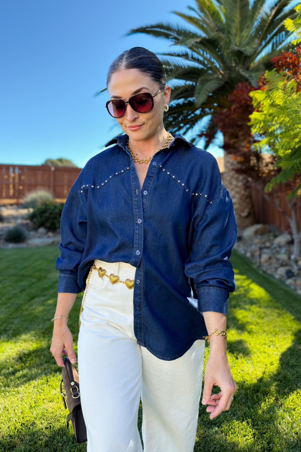 Oversized Studded Dark Denim Shirt - Women's Shirts & Tops - Blooming Daily
