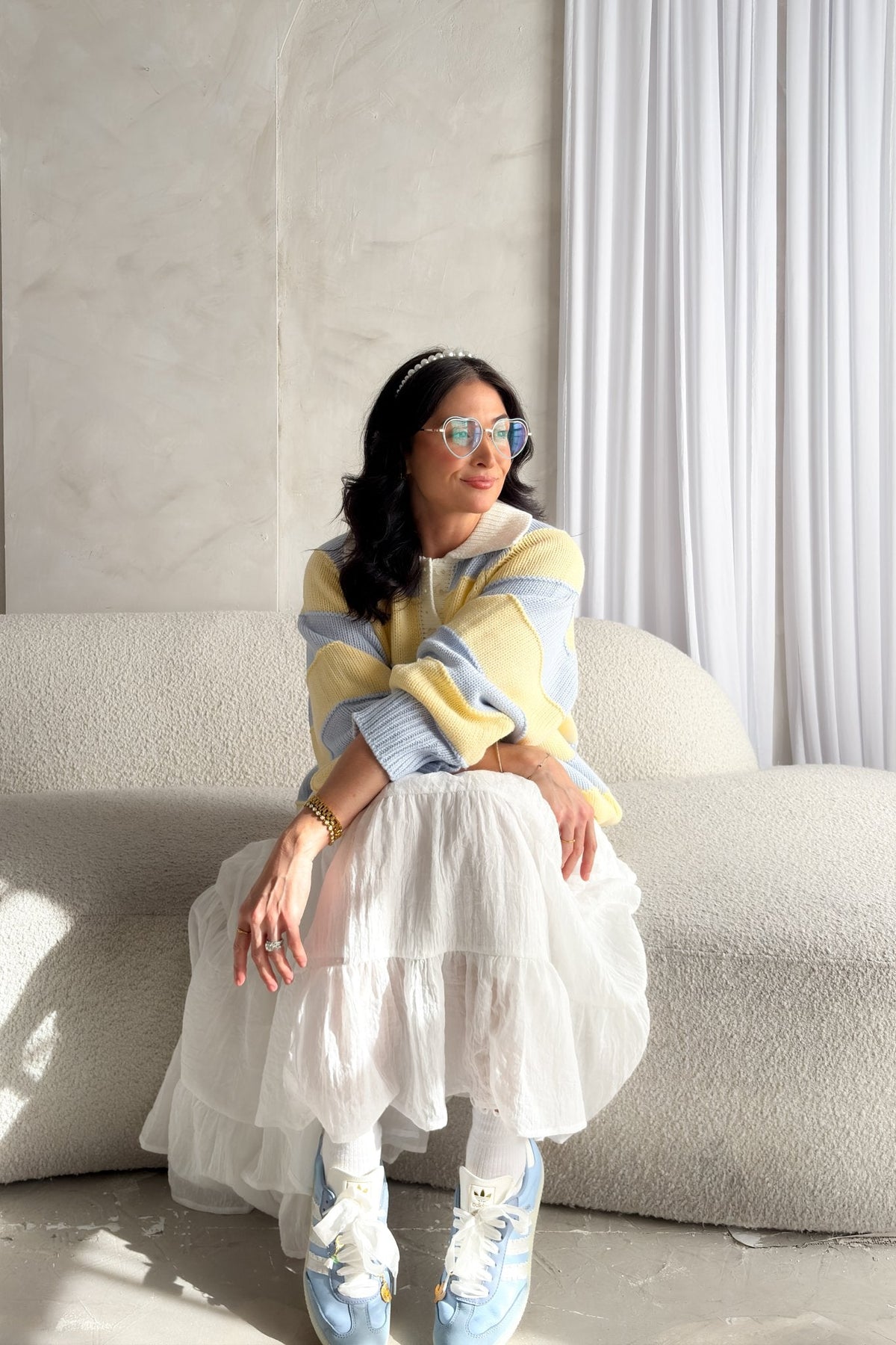 Pastel Stripe Collared Knit Sweater – Yellow & Blue - Women's Sweaters - Blooming Daily