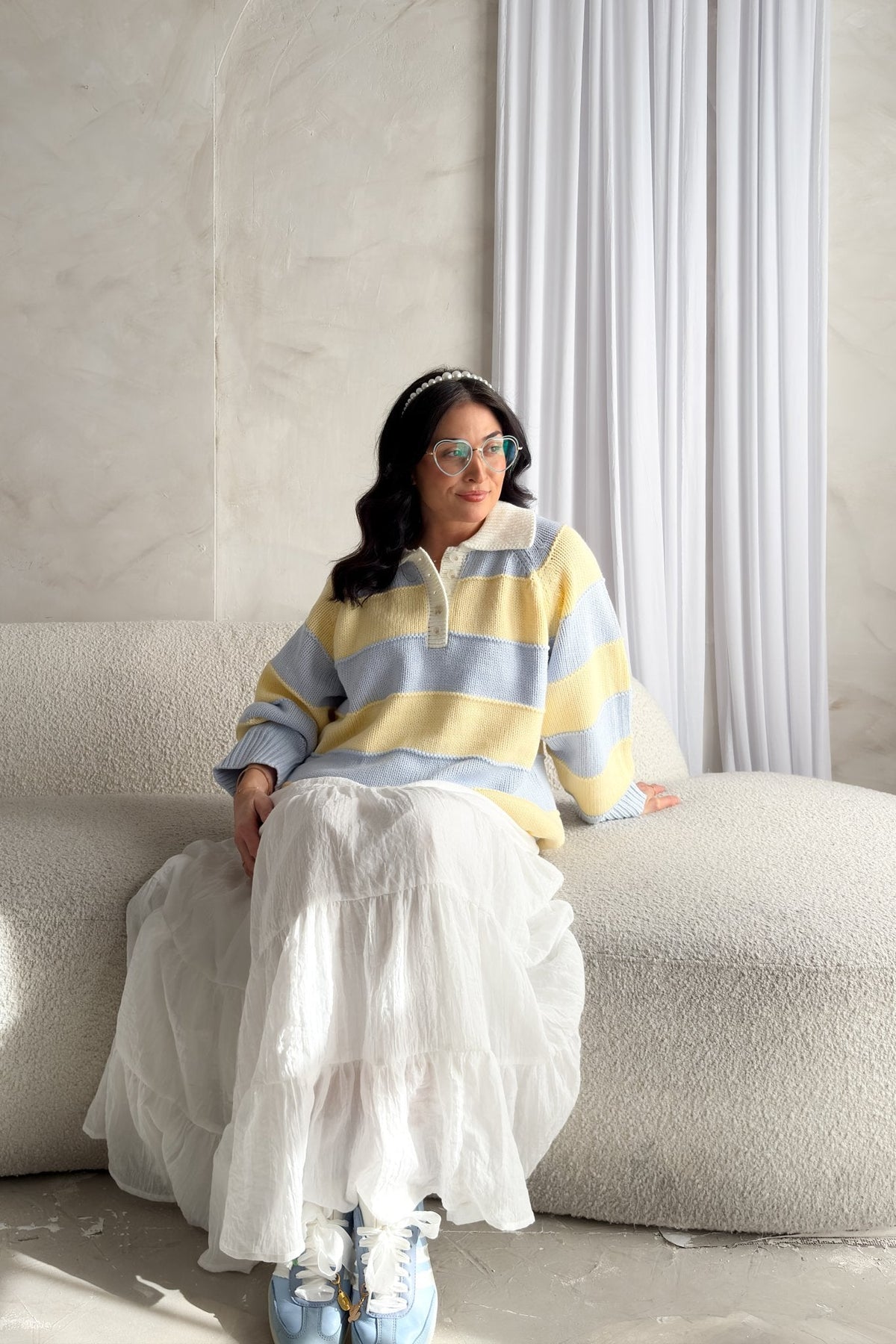 Pastel Stripe Collared Knit Sweater – Yellow & Blue - Women's Sweaters - Blooming Daily