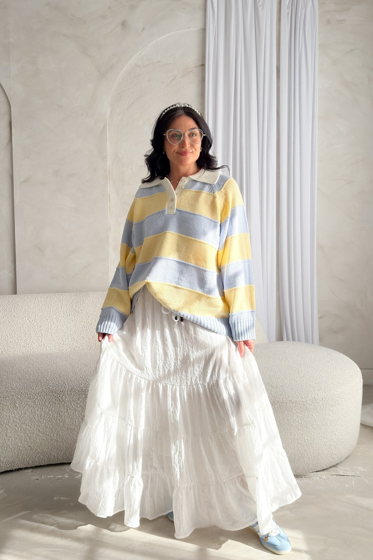 Pastel Stripe Collared Knit Sweater – Yellow & Blue - Women's Sweaters - Blooming Daily