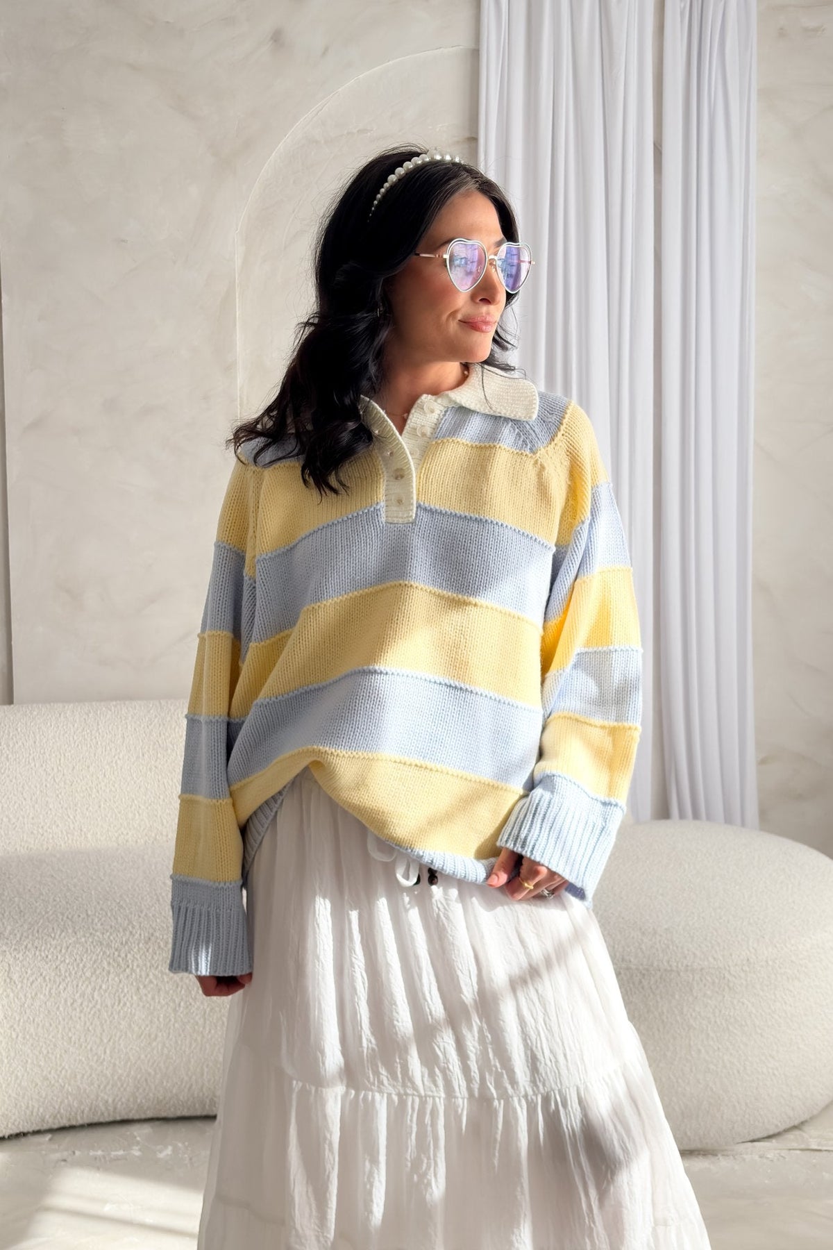 Pastel Stripe Collared Knit Sweater – Yellow & Blue - Women's Sweaters - Blooming Daily