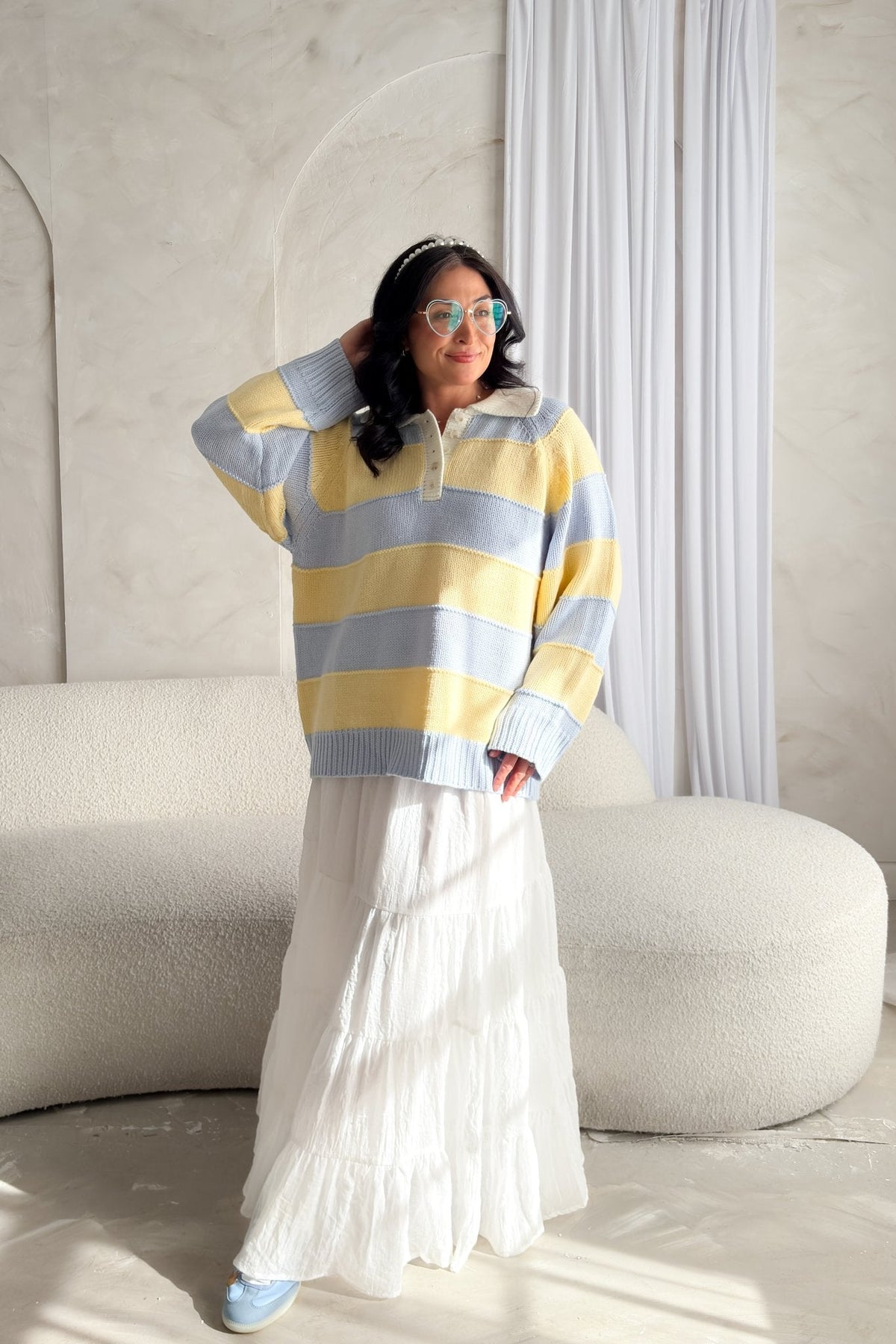 Pastel Stripe Collared Knit Sweater – Yellow & Blue - Women's Sweaters - Blooming Daily