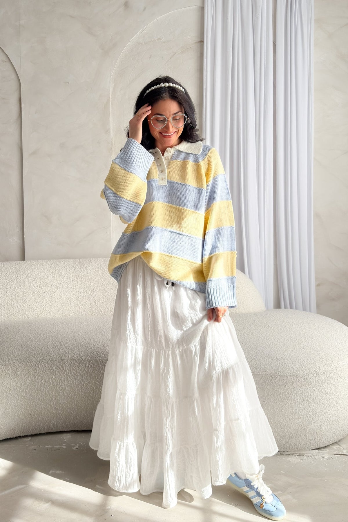 Pastel Stripe Collared Knit Sweater – Yellow & Blue - Women's Sweaters - Blooming Daily