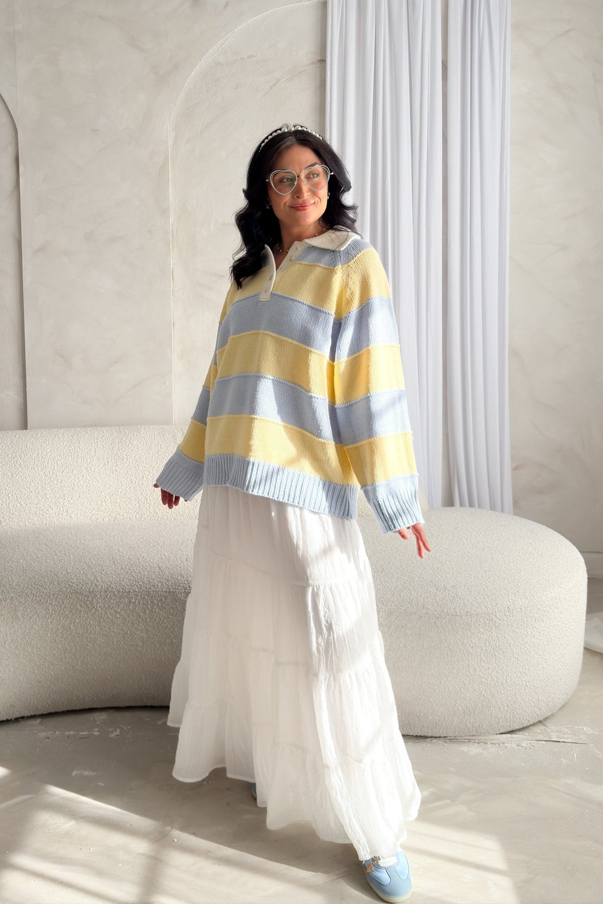 Pastel Stripe Collared Knit Sweater – Yellow & Blue - Women's Sweaters - Blooming Daily