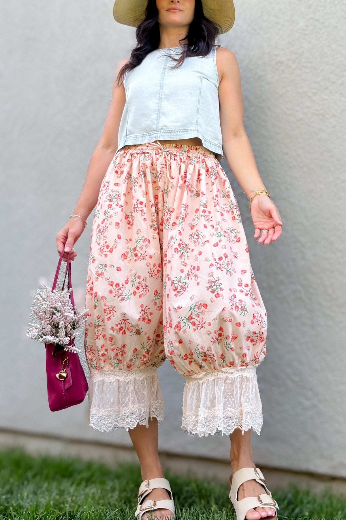 Pink Floral Lace Trim Bloomer Pants - Women's Pants - Blooming Daily