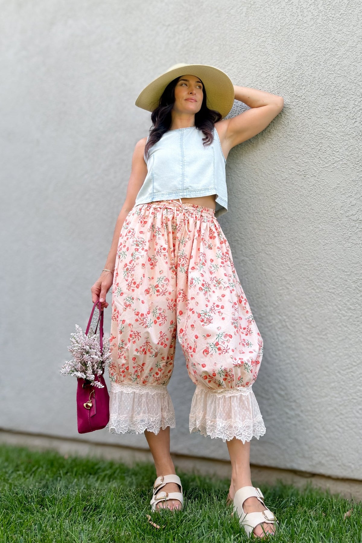 Pink Floral Lace Trim Bloomer Pants - Women's Pants - Blooming Daily