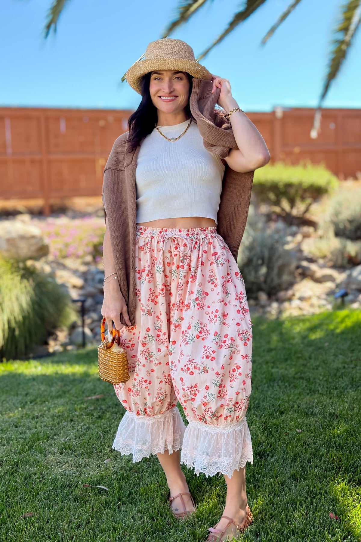 Pink Floral Lace Trim Bloomer Pants - Women's Pants - Blooming Daily
