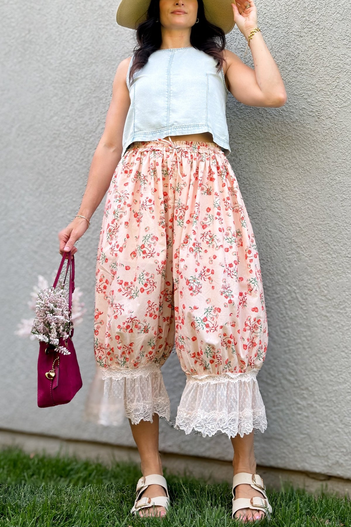 Pink Floral Lace Trim Bloomer Pants - Women's Pants - Blooming Daily