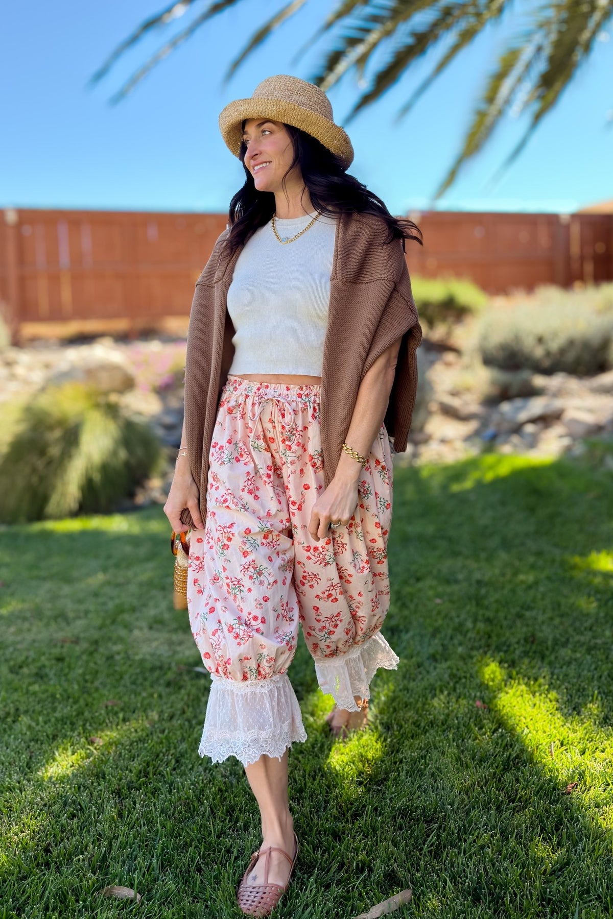 Pink Floral Lace Trim Bloomer Pants - Women's Pants - Blooming Daily