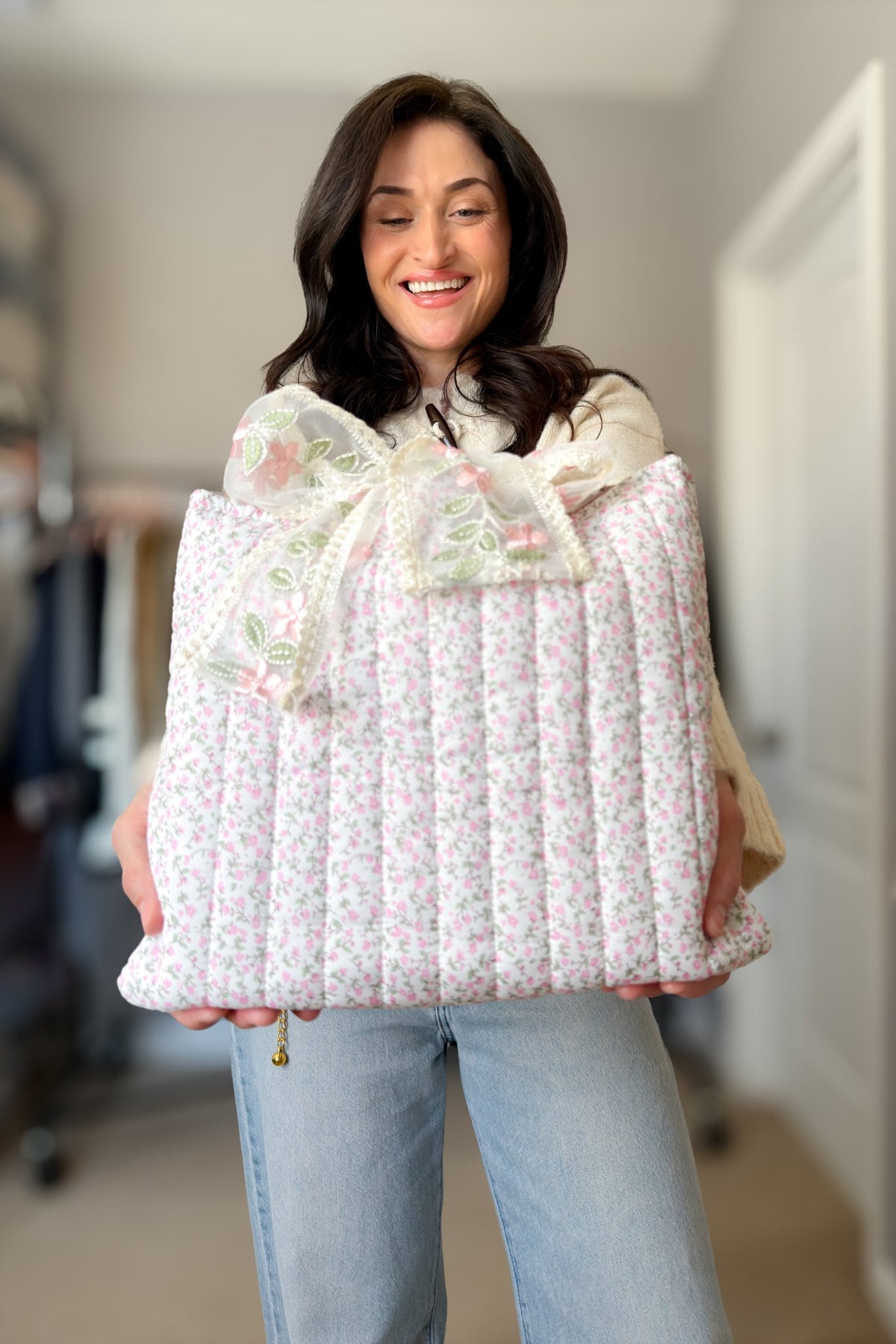 Pink ditsy floral quilted Bible cover with soft padded texture and large embroidered organza bow