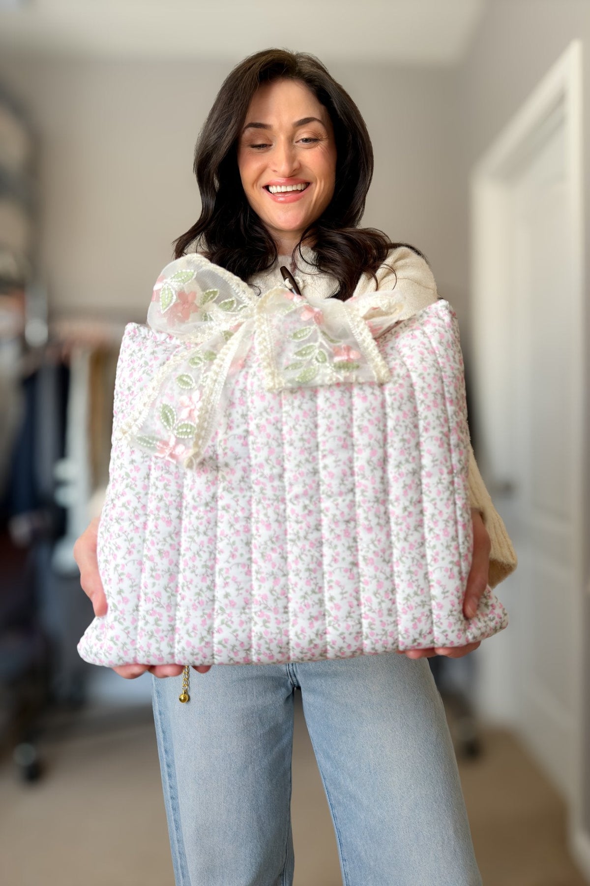 Pink ditsy floral quilted Bible cover with soft padded texture and large embroidered organza bow