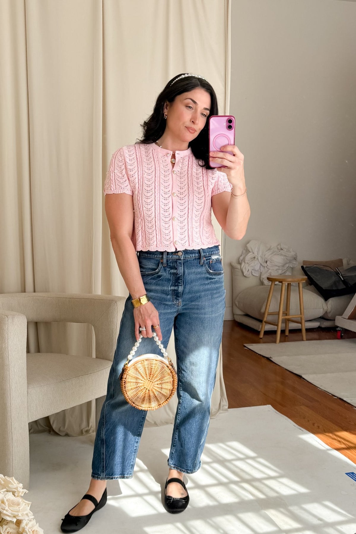 Pink Pearl Button Cardigan – Pointelle Knit Short Sleeve Top Women - Women's Knit Cardigan Top - Blooming Daily