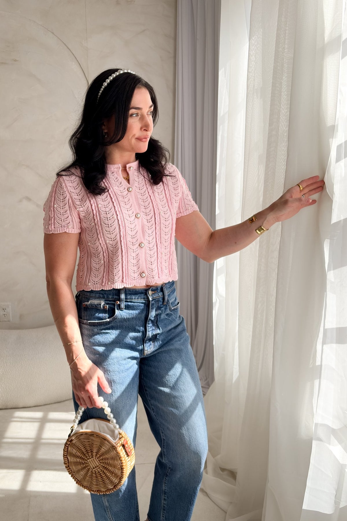 Pink Pearl Button Cardigan – Pointelle Knit Short Sleeve Top Women - Women's Knit Cardigan Top - Blooming Daily