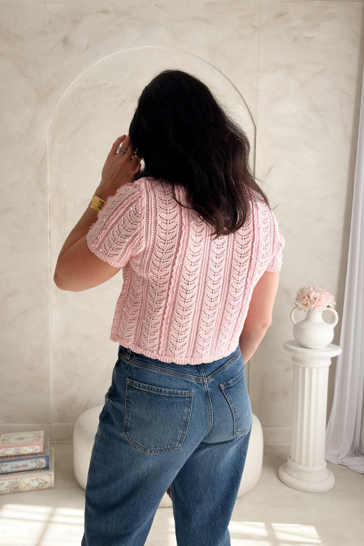 Pink Pearl Button Cardigan – Pointelle Knit Short Sleeve Top Women - Women's Knit Cardigan Top - Blooming Daily