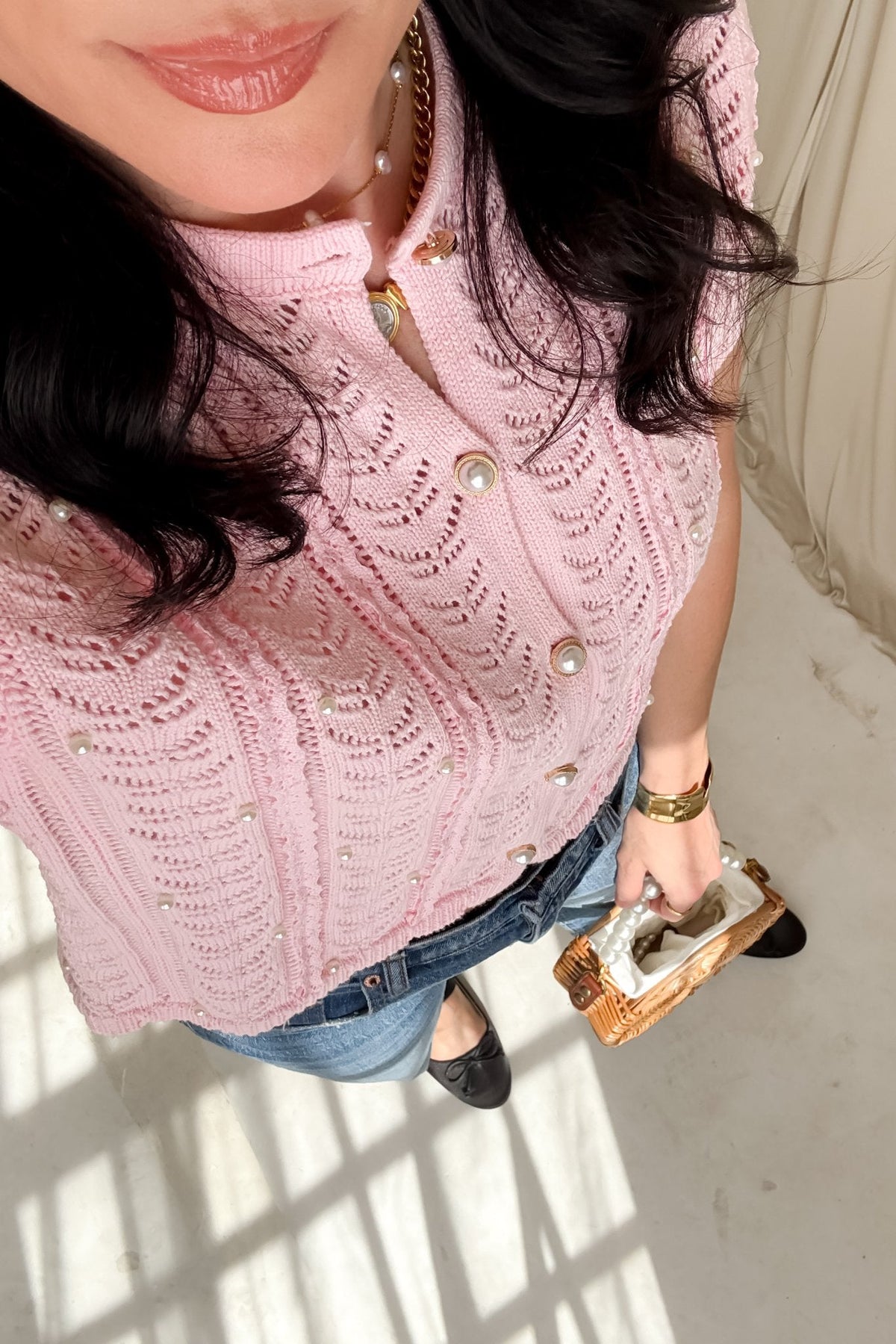 Pink Pearl Button Cardigan – Pointelle Knit Short Sleeve Top Women - Women's Knit Cardigan Top - Blooming Daily